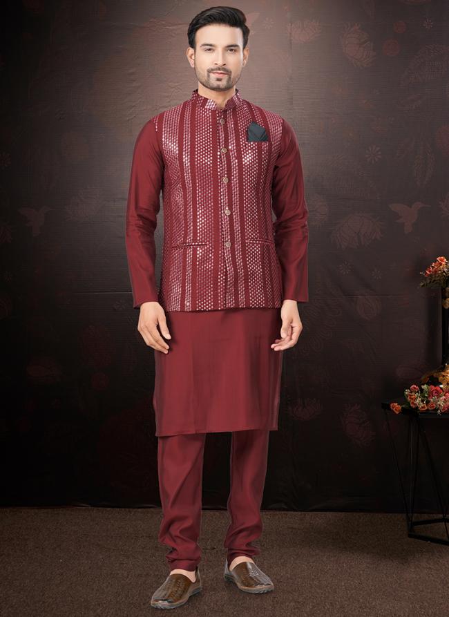 Pure Silk Maroon Traditional Wear Mirror Work Readymade Modi Jacket Kurta Pajama